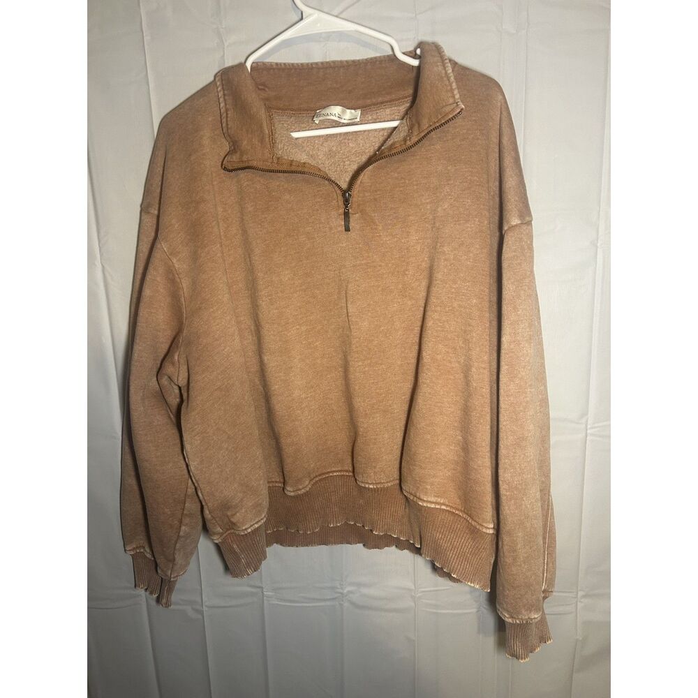 Zenana Acid Wash Quarter Zip Sweatshirt 3X Camel Brown Cropped Pullover Comfy